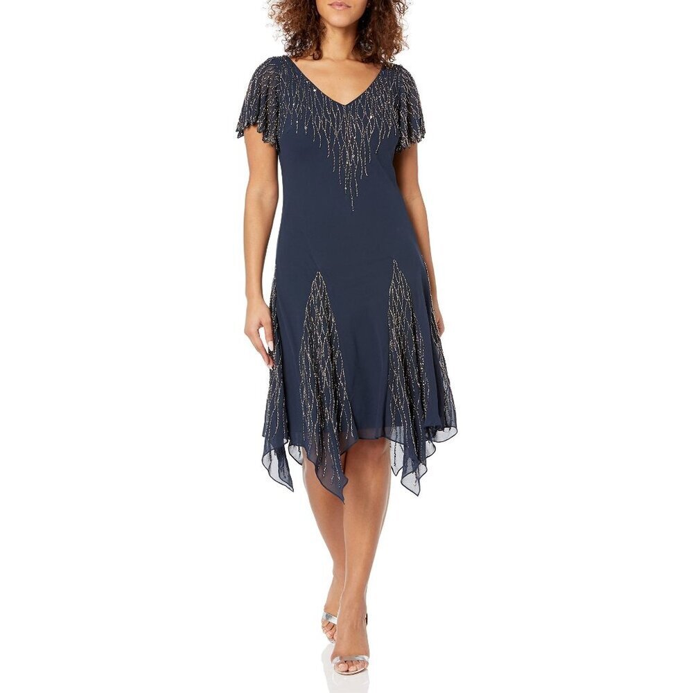 J Kara Women's Hanky Hem Beaded Cocktail Dress, Navy/Mercury, 6